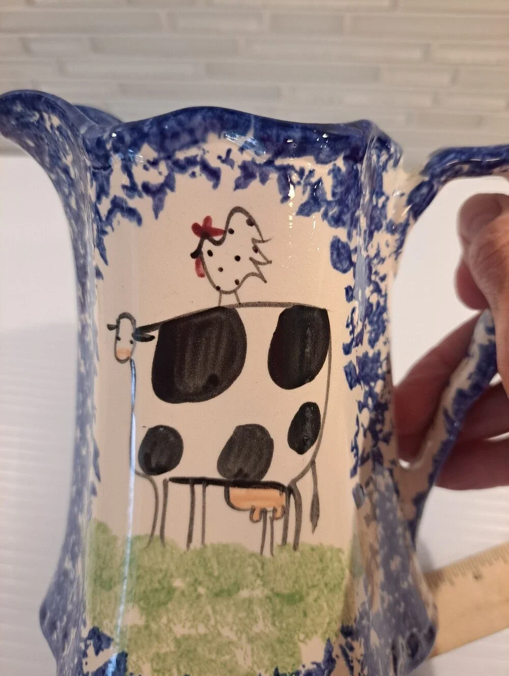 Molly Dallas Pottery Blue Spatterware Folk Art Cow Rooster Pitcher Jug Carafe